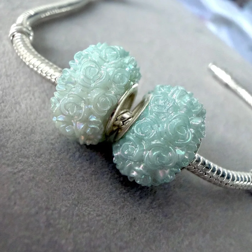 2 PCs Mint Green Iridescent Rose Flower Beads Floral Charm fits PANDORA
